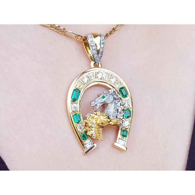 Horse lovers six natural emeralds in horseshoe pendant and natural diamonds crafted in 18k yellow gold lucky jewelry