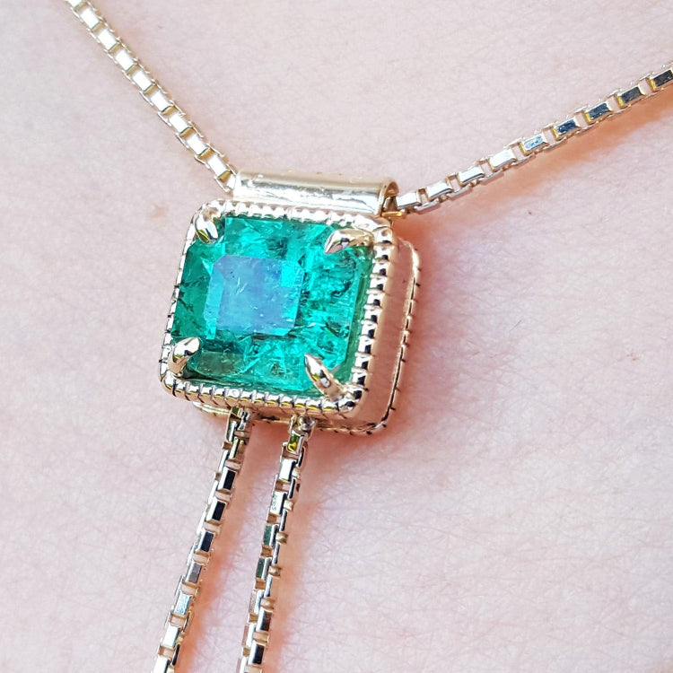 14k Yellow gold Lariat emerald necklaces for sale fine emerald-cut sourced from the Muzo mines in Colombia