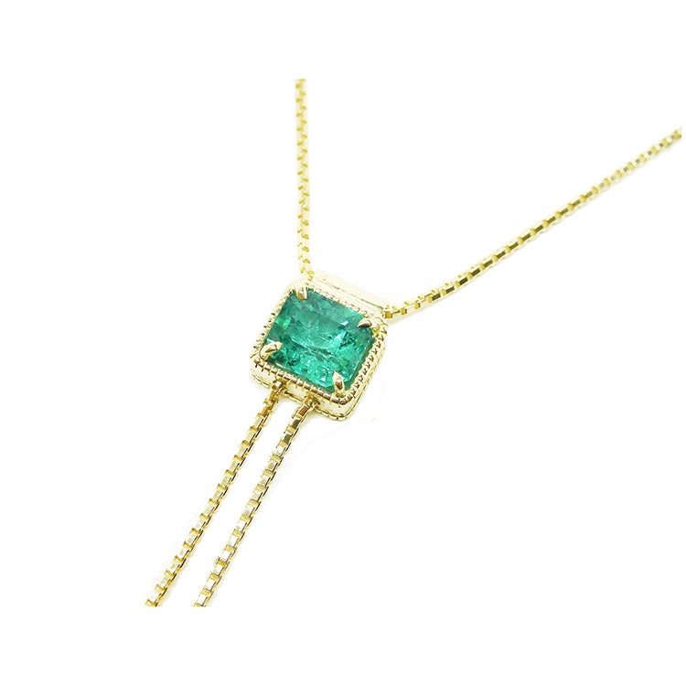 May birthstone lariat emerald necklace set in 14k yellow gold fine emerald-cut sourced from the Muzo mines in Colombia
