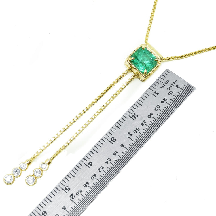14k yellow gold Lariat emerald necklace for sale fine emerald-cut weighing 1.48 carats prong set