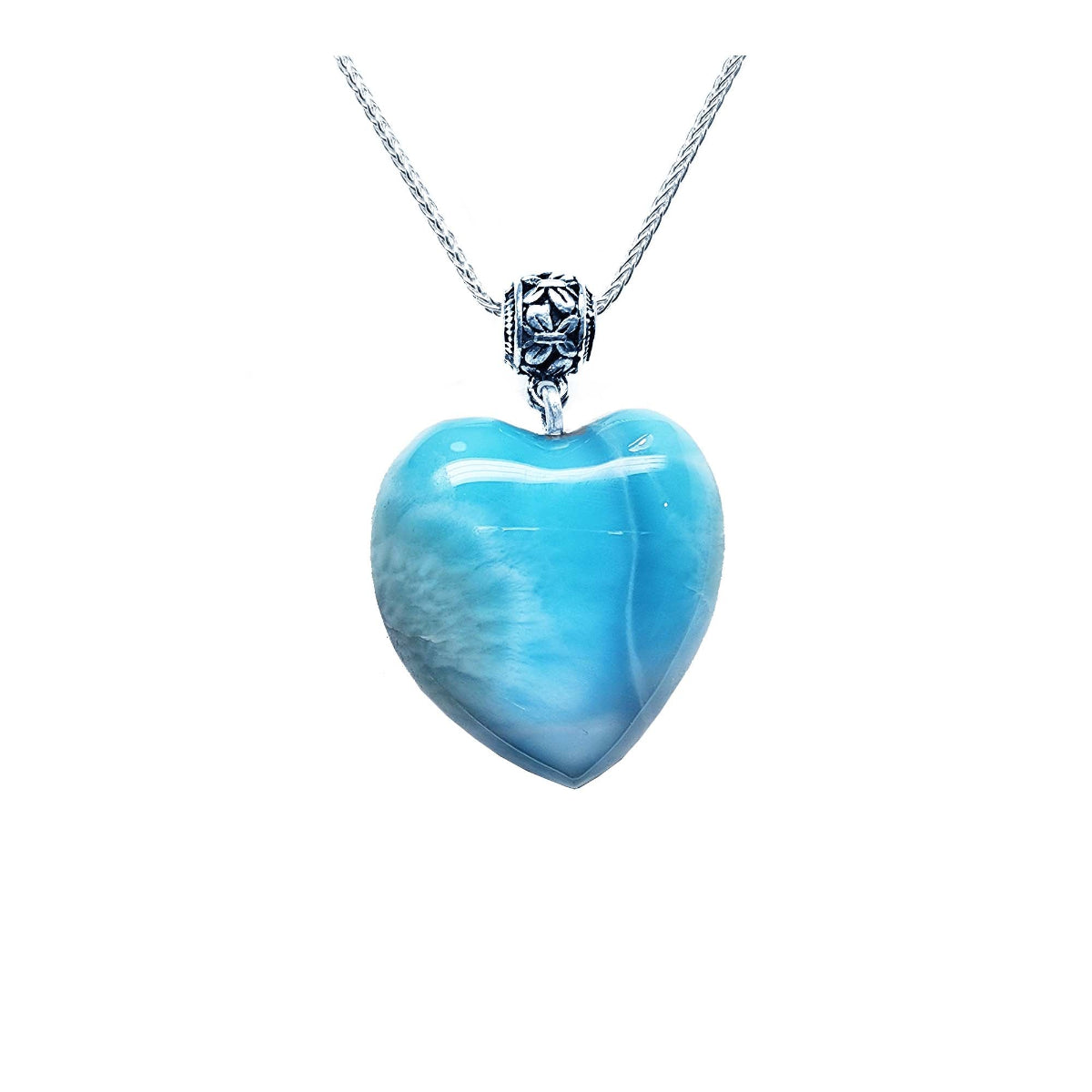 Larimar blue heart-shaped silver pendant necklace on a white background