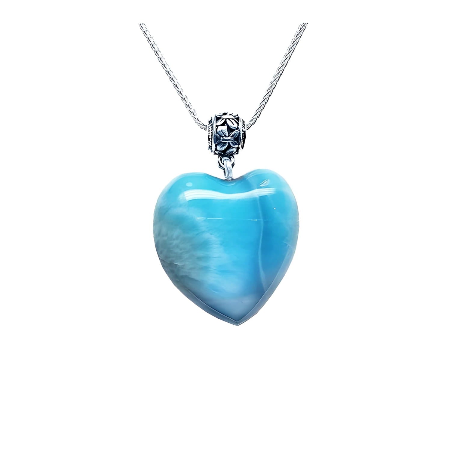 Heart-shaped blue and white larimar pendant with a decorative sterling silver bail on a silver chain.