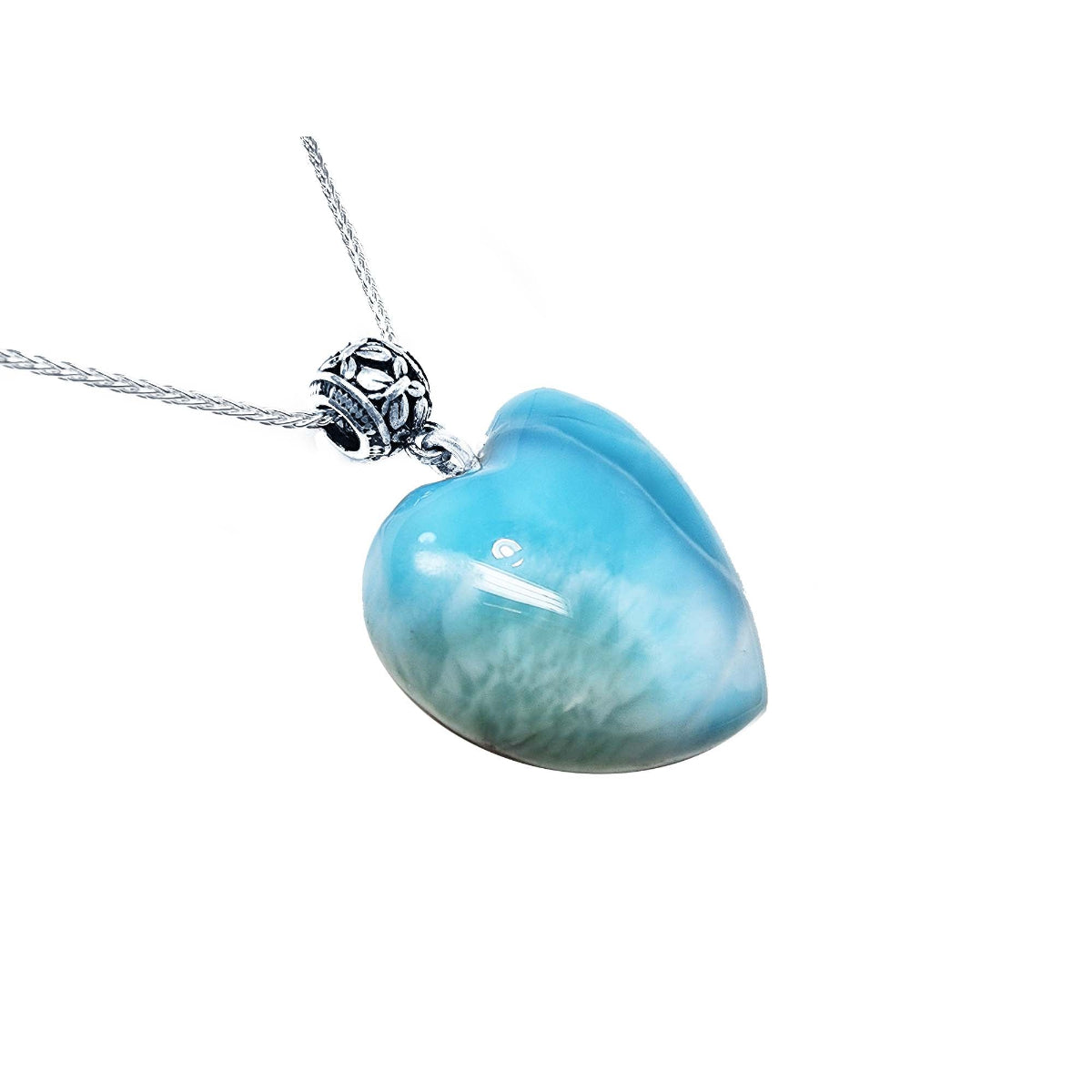 Larimar heart-shaped pendant on a silver chain against a white background
