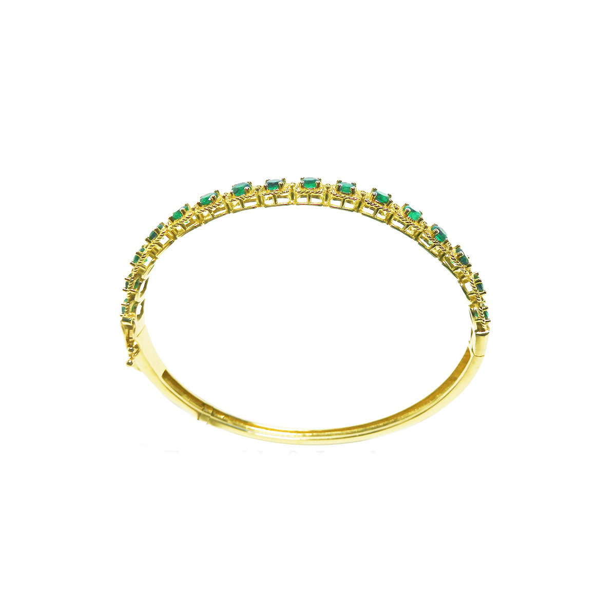 The top and side profile display of a yellow gold colombian emerald bangle bracelet.