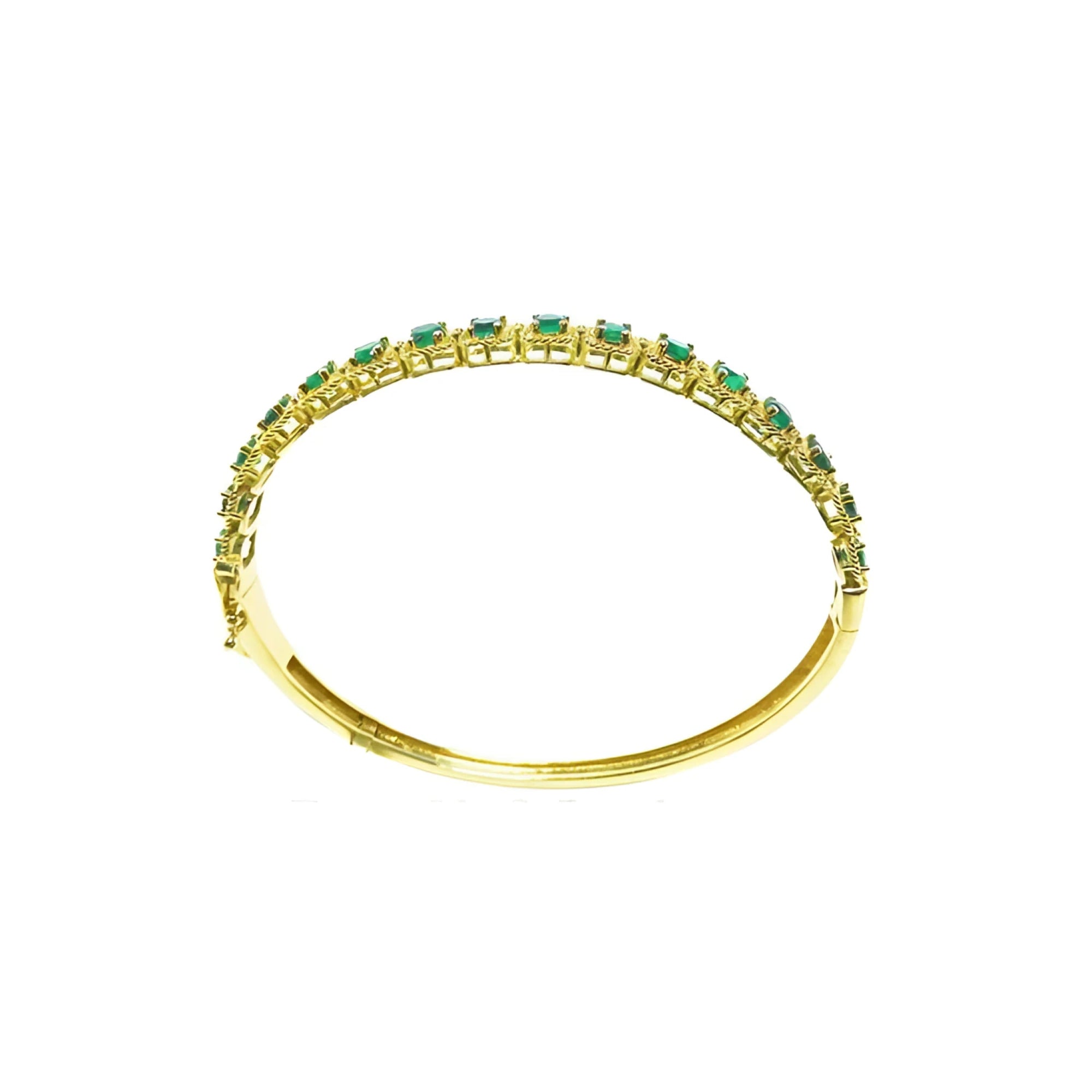 14K gold bangle bracelet with round cut bluish-green emeralds in square links with rope borders.