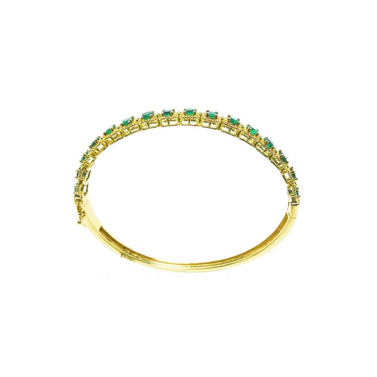 14K gold bangle bracelet with round cut bluish-green emeralds in square links with rope borders.