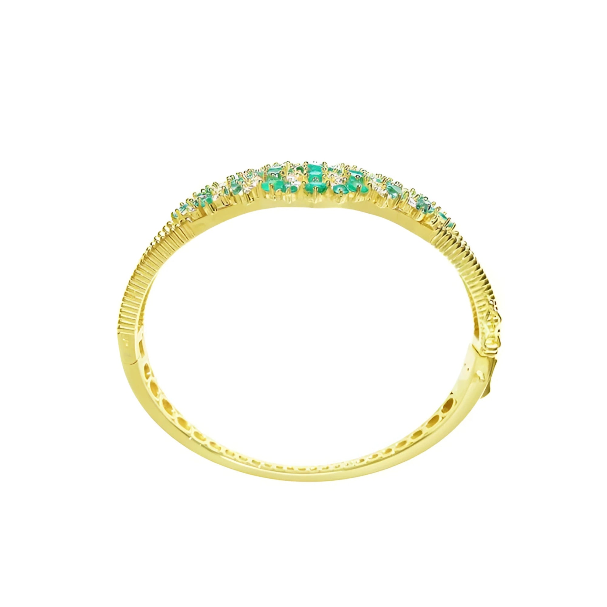 14K yellow gold bangle bracelet with round cut Colombian emeralds and diamonds in a floral design.