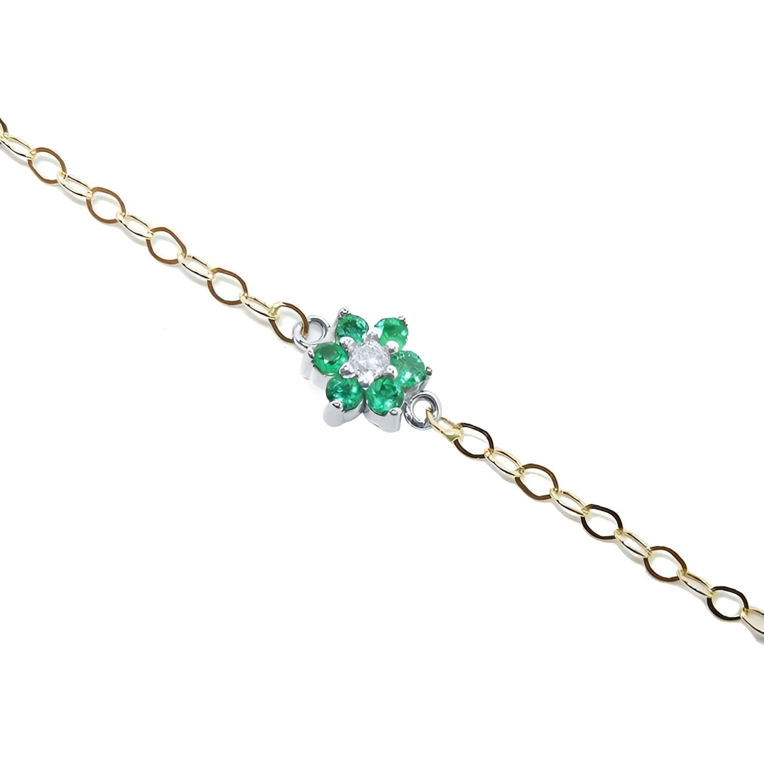 14K yellow gold chain bracelet with a central flower-shaped cluster of six green emeralds and one diamond.