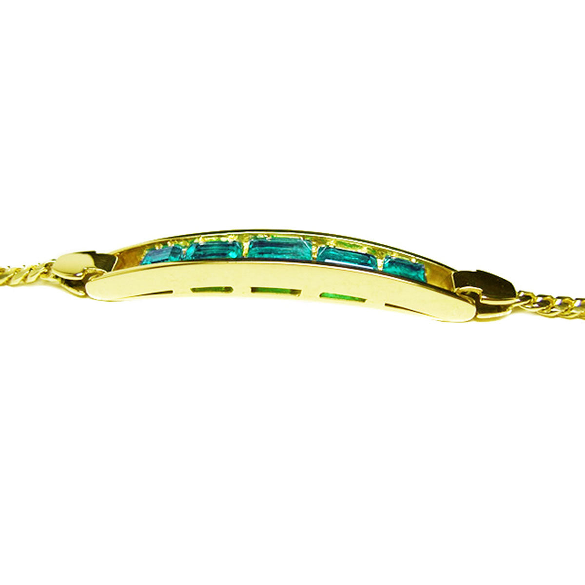 A lateral side view of a gold bracelet with emeralds on a white background.
