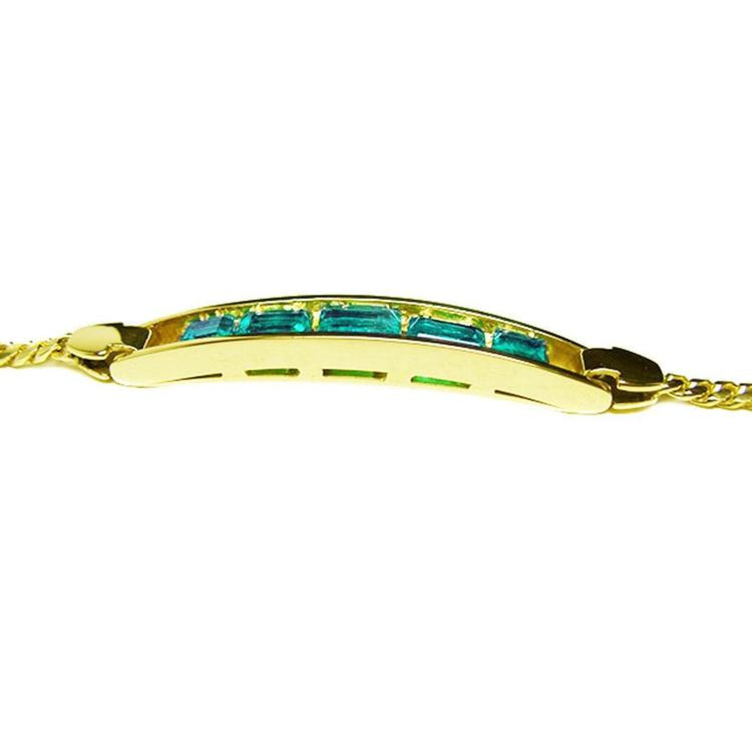 14K yellow gold bracelet with five emerald-cut Colombian emeralds in a bar setting.