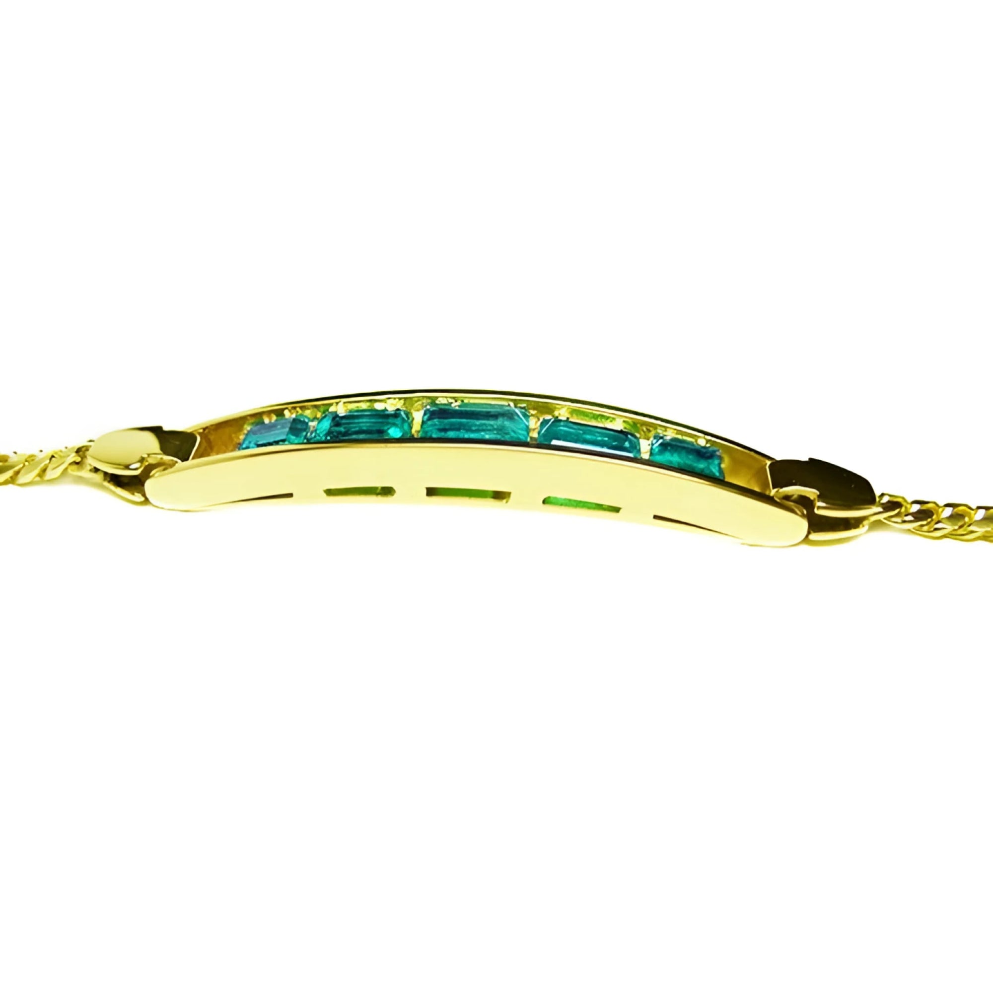 14K yellow gold bracelet with five emerald-cut Colombian emeralds in a bar setting.
