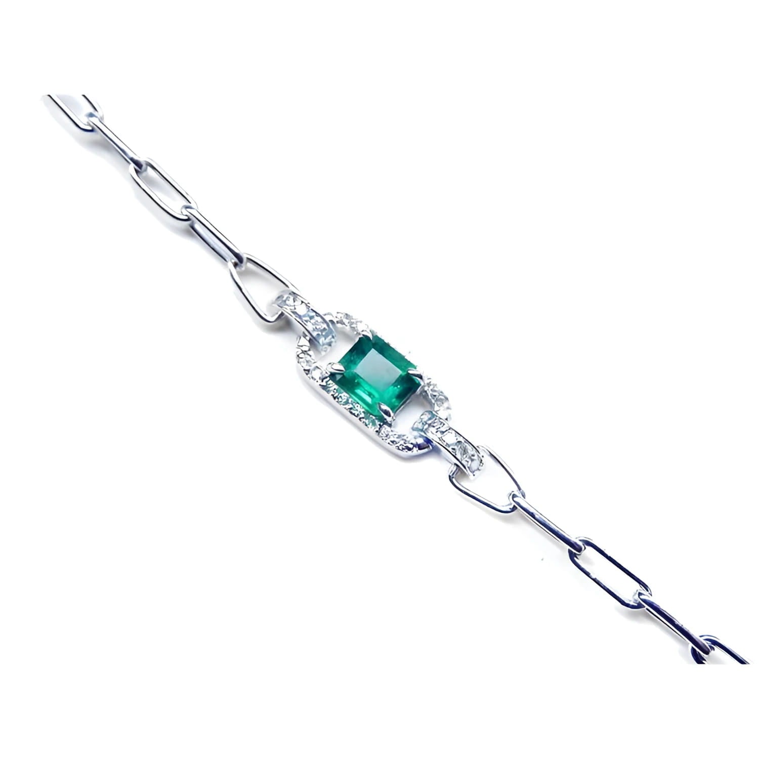 14K white gold paper clip bracelet with a square bluish-green emerald and diamond halo.