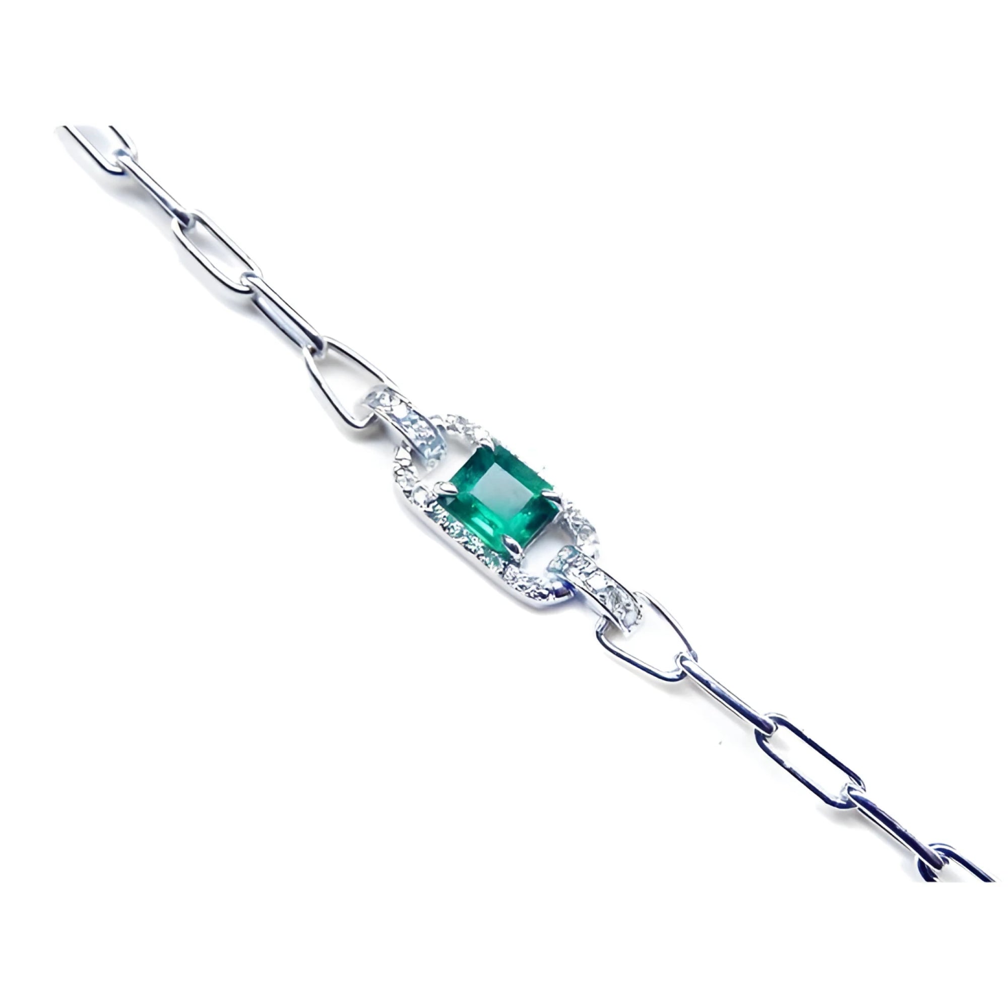 14K white gold paper clip bracelet with a square bluish-green emerald and diamond halo.