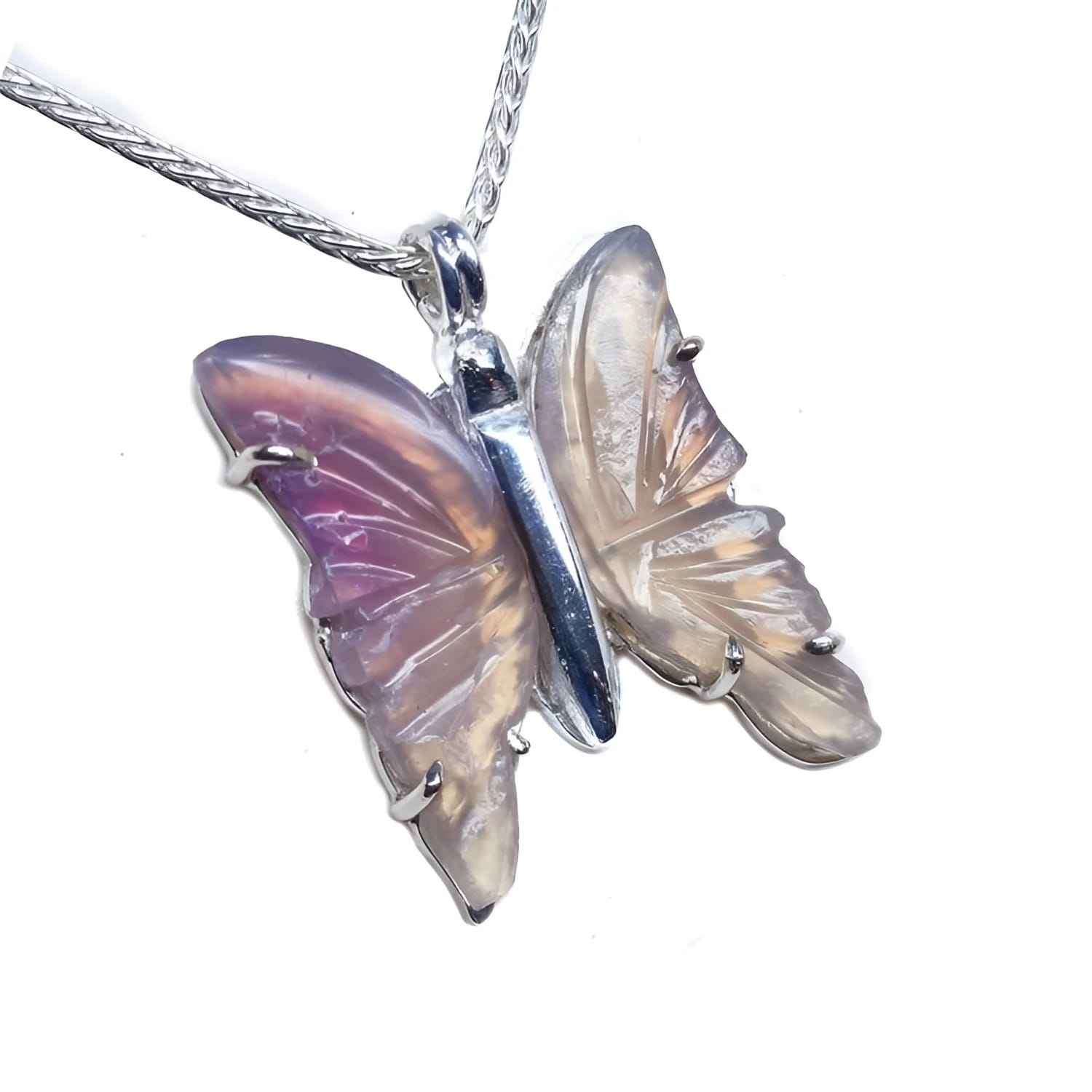 Lavender agate butterfly pendant with sterling silver body and chain.