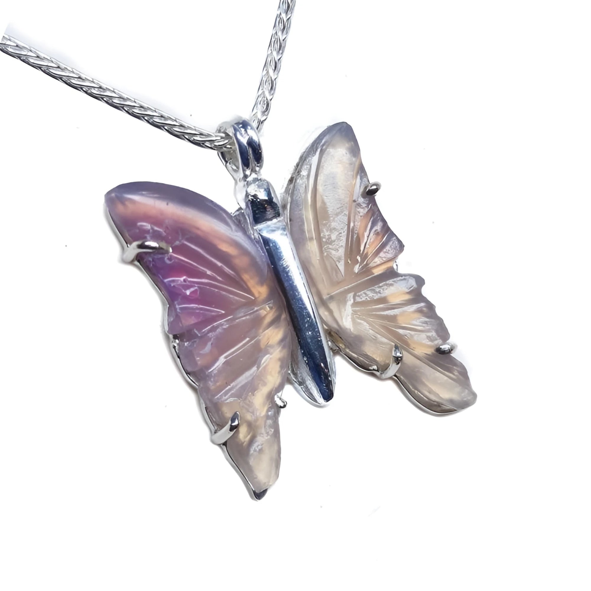 Lavender agate butterfly pendant with sterling silver body and chain.