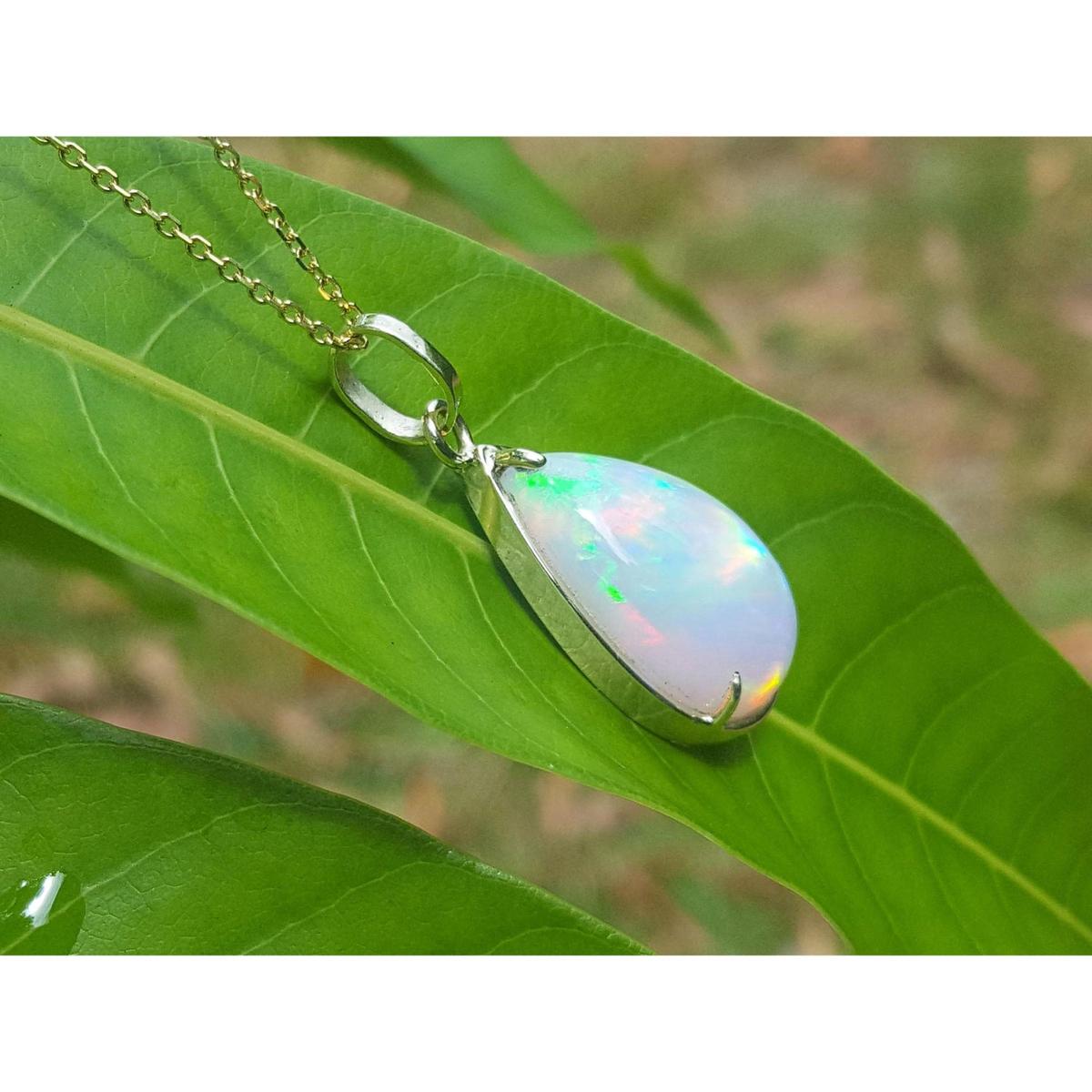 Opal pendant on a gold chain resting on a green leaf.