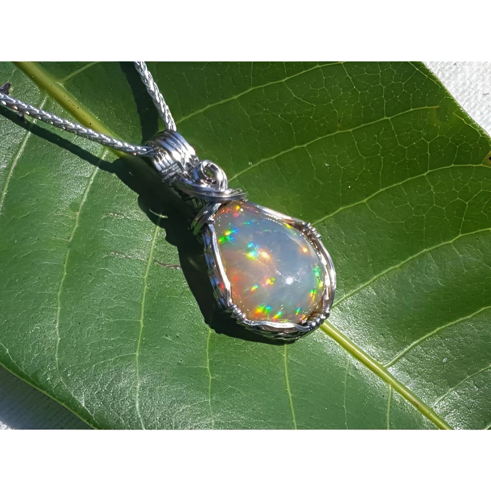 Welo Ethiopian multicolor opal pendant with pinpoint colors, wrapped in silver wire, on a green leaf.