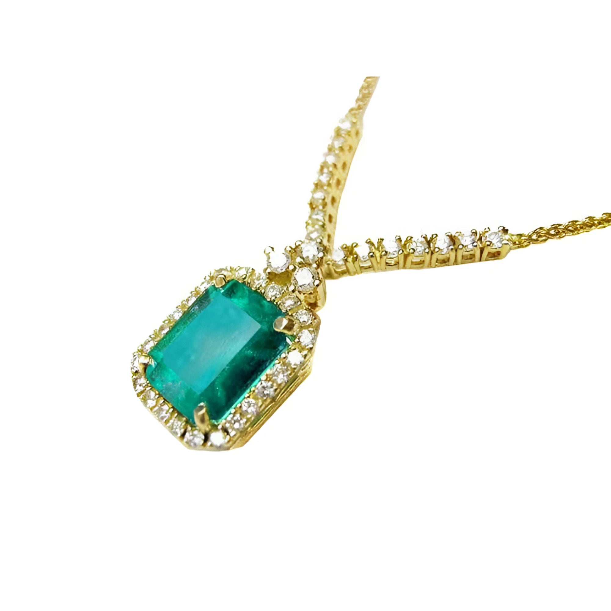 Bluish deep green emerald halo necklace with natural diamonds on 14K yellow gold chain.