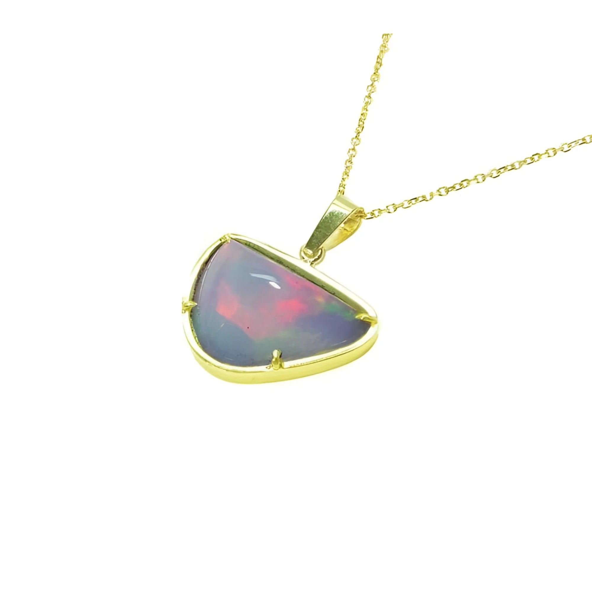 Handcrafted 14K yellow gold necklace with a free-form Ethiopian opal pendant, showcasing vibrant red and orange fire.