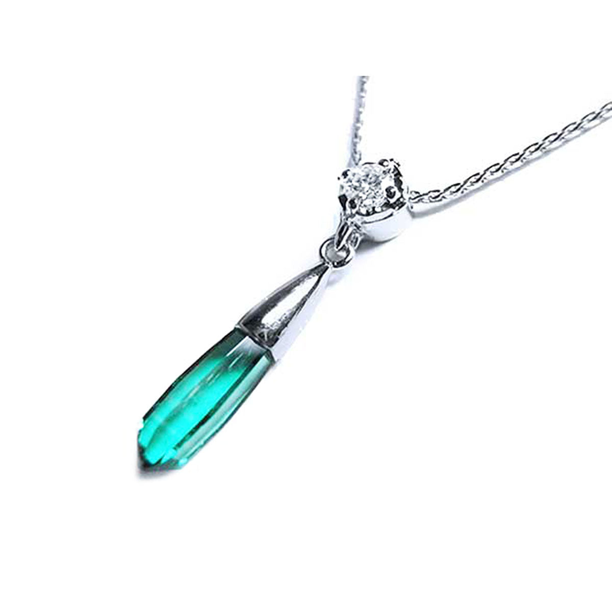 Big view of an emerald and diamond briolette necklace in 14k white gold with a natural diamond on top slider bail