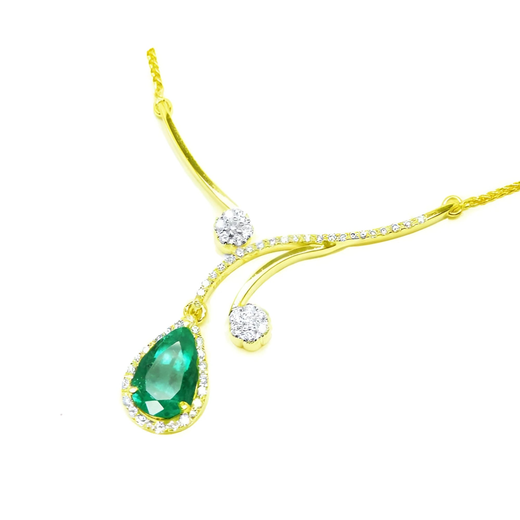 18K yellow gold necklace with a pear-shaped Colombian emerald, surrounded by diamonds, and diamond accents.