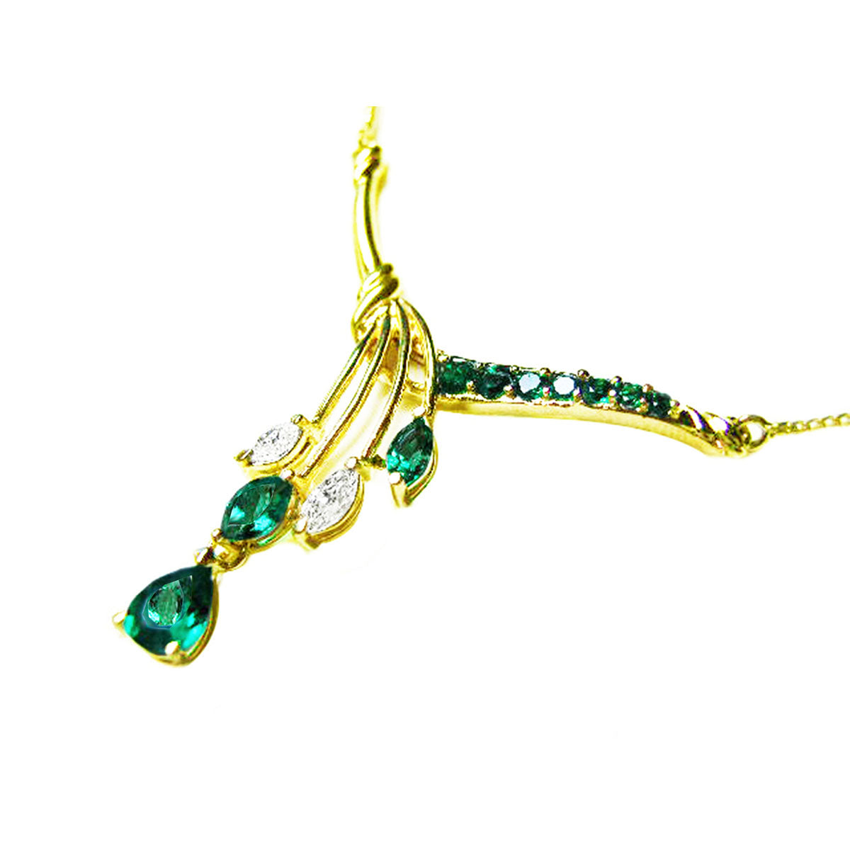 A left side view of a 18&quot; inches 14k yellow gold emerald and diamond necklace pear shaped, marquises and round cuts
