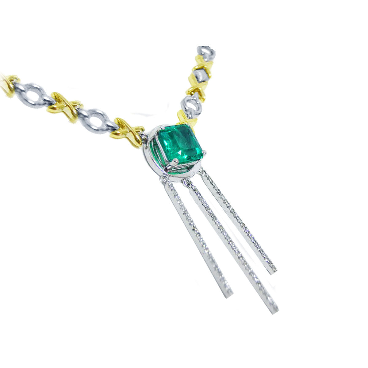 Side view of a kisses and hugs links necklace with a square natural emerald gemstone on a white background