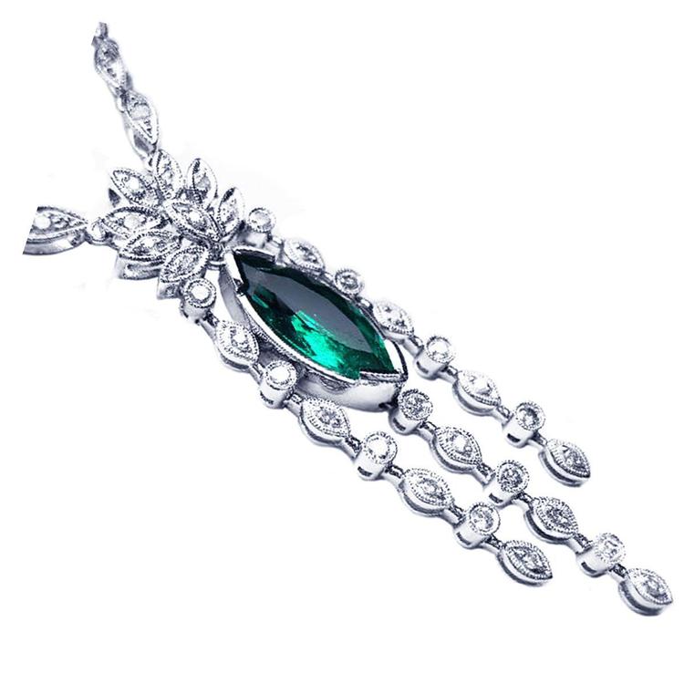 Elegant 14k white gold marquise design with diamonds high quality colombian emerald marquise necklace.