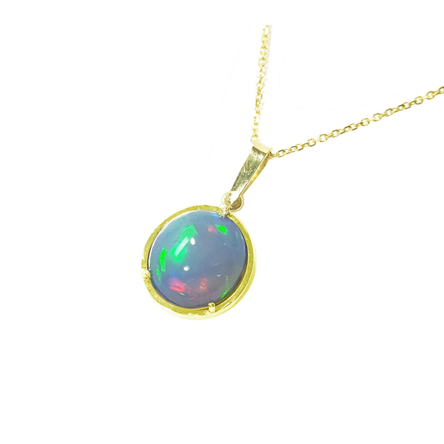 Welo Ethiopian opal pendant necklace on a gold chain against a white background.