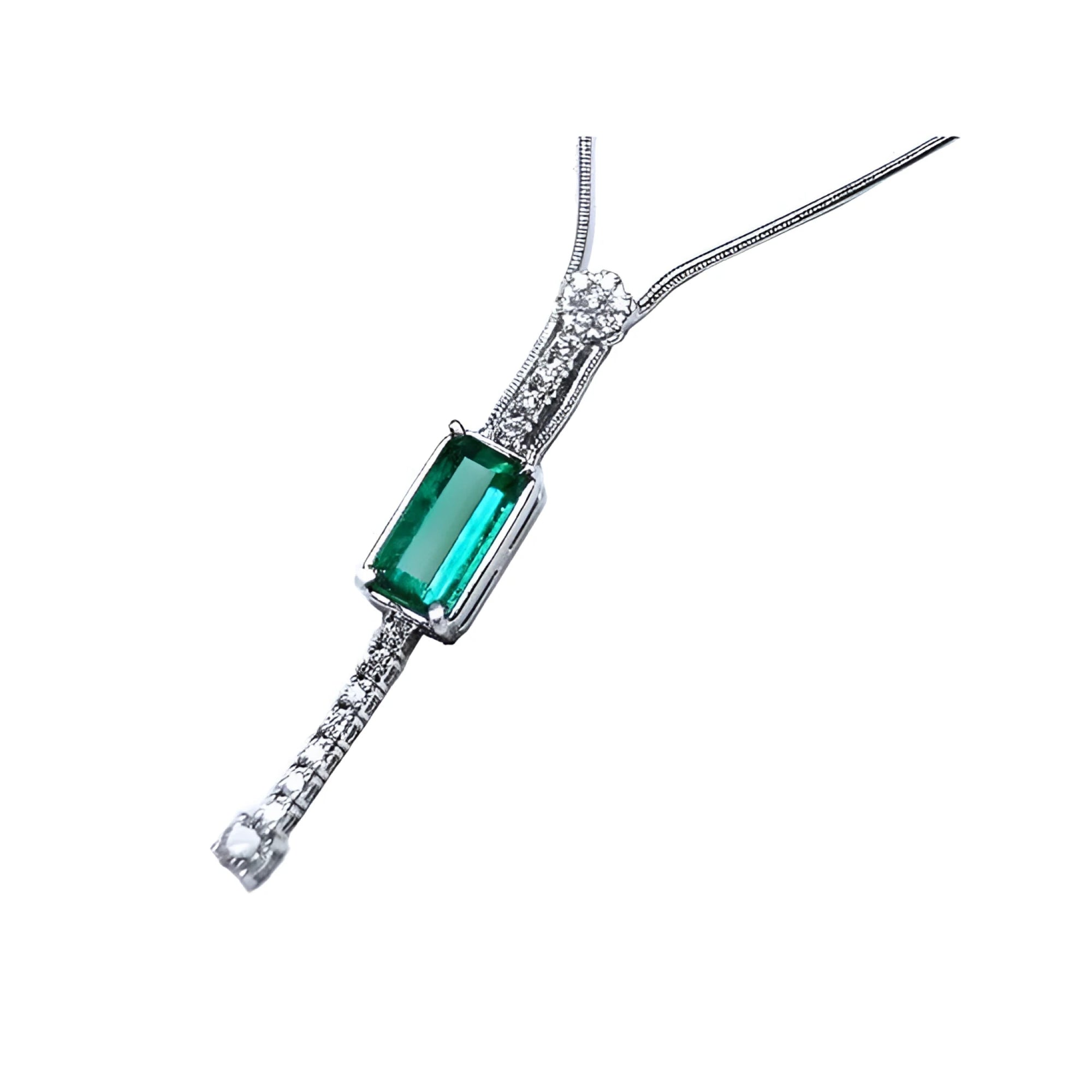 Women's 14K white gold necklace with a rectangular Colombian emerald and diamond accents.