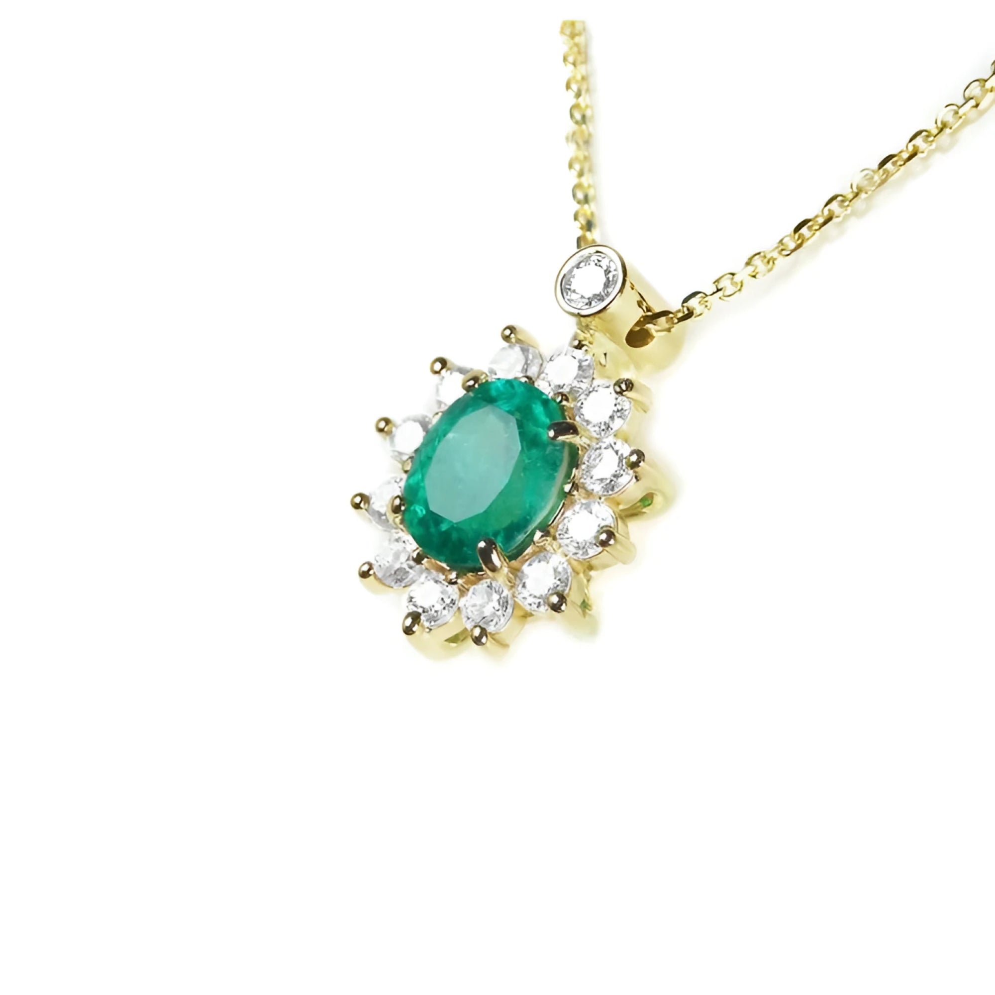 14K yellow gold necklace with oval emerald (1.11 ct) and natural diamond halo pendant.