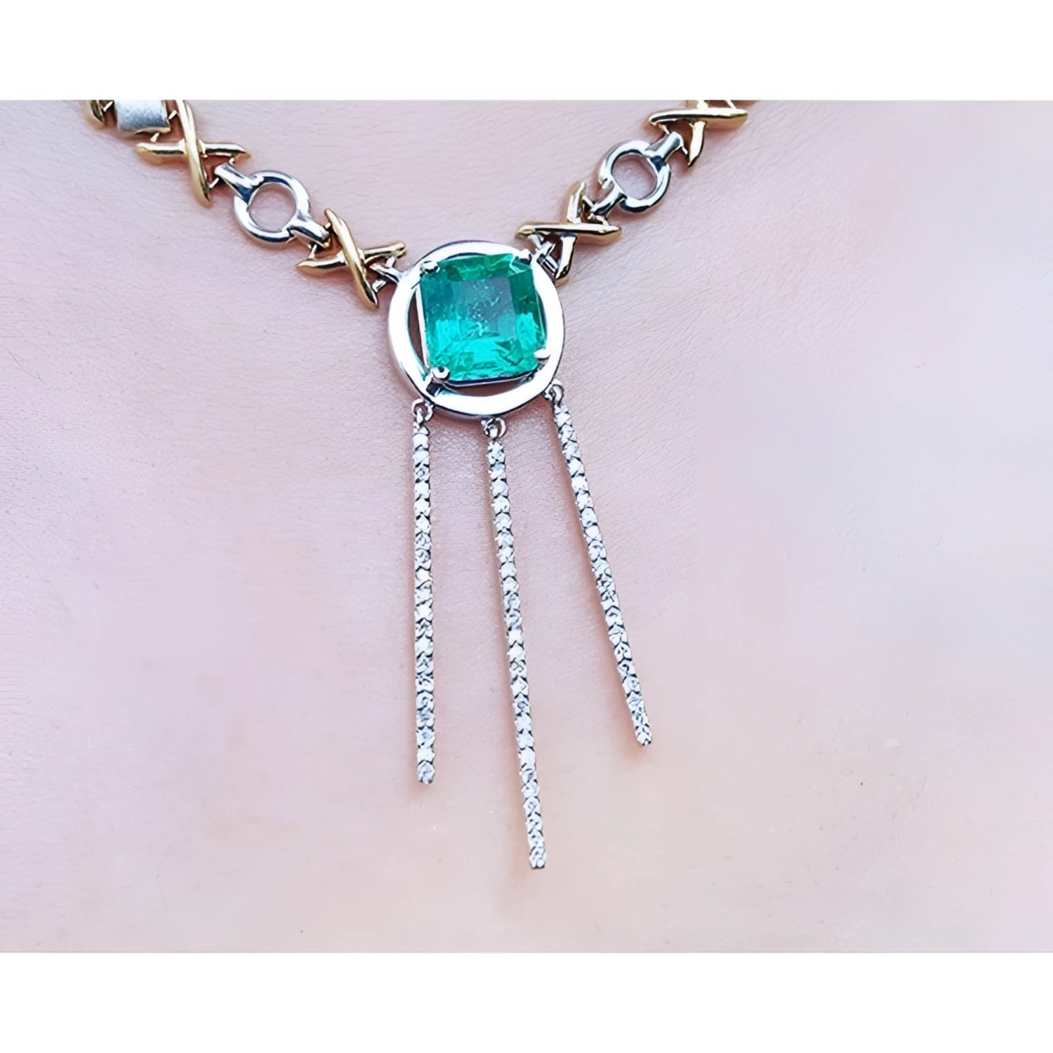 Natural emerald 14K white and yellow gold "X &amp; O" necklace with three diamond bar drops.