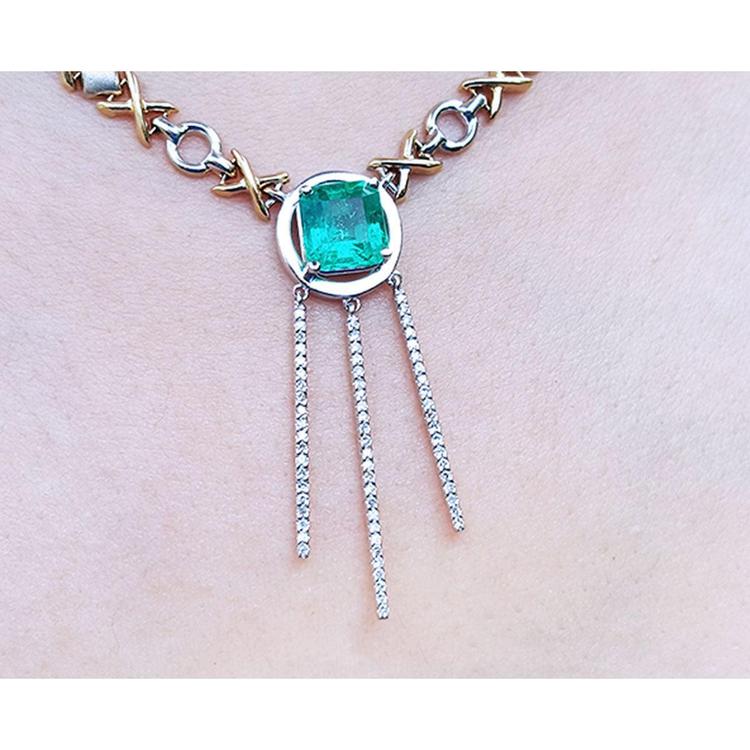 Natural emerald 14K white and yellow gold "X &amp; O" necklace with three diamond bar drops.