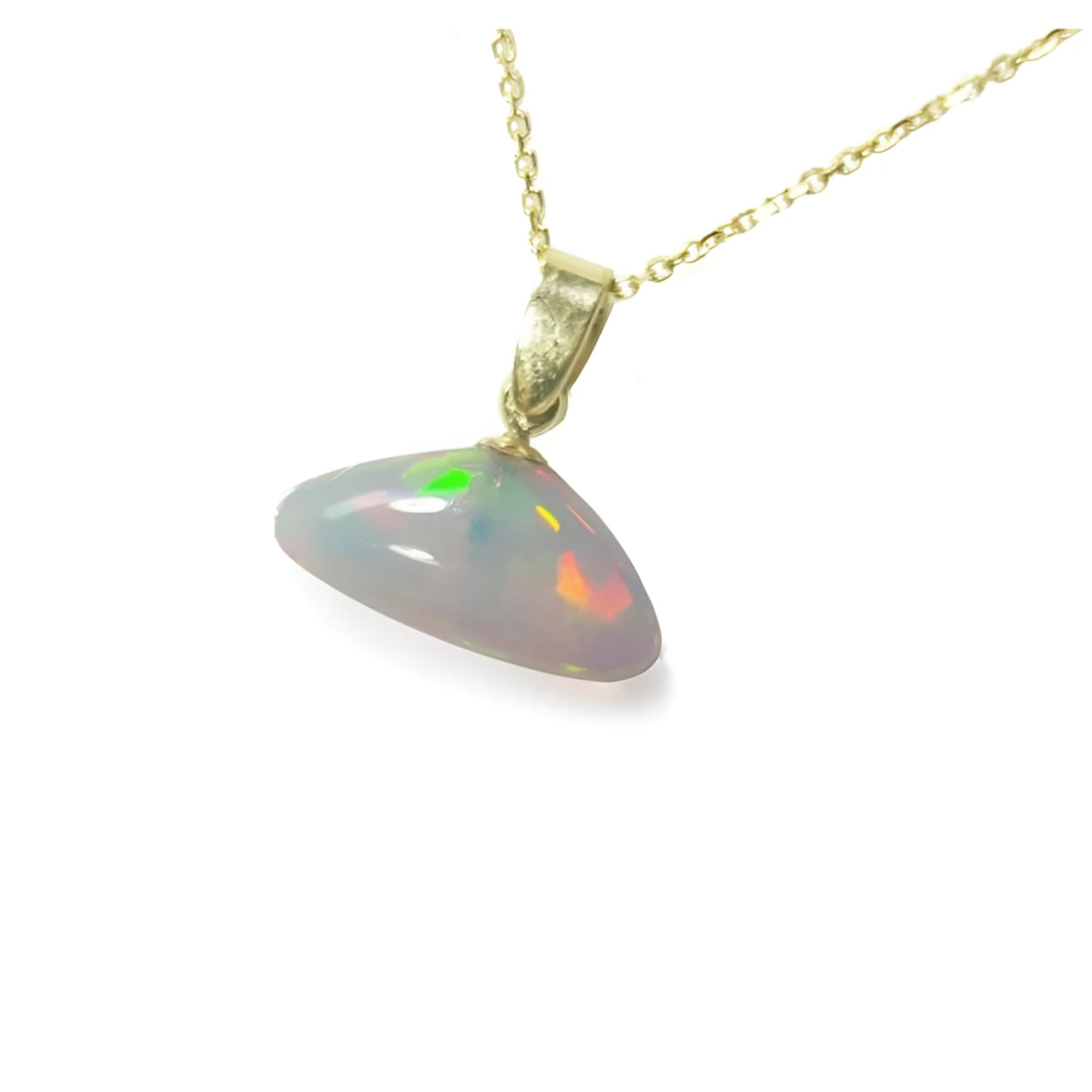 4.81 ct. Ethiopian Welo opal pendant with full play of colors, dangling from a 14k gold chain.