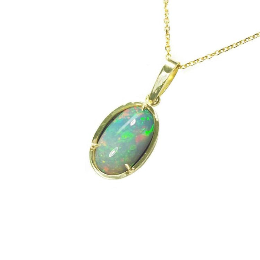 Oval Ethiopian opal pendant with bluish-green hues, prong-set in 14K yellow gold on a delicate chain.