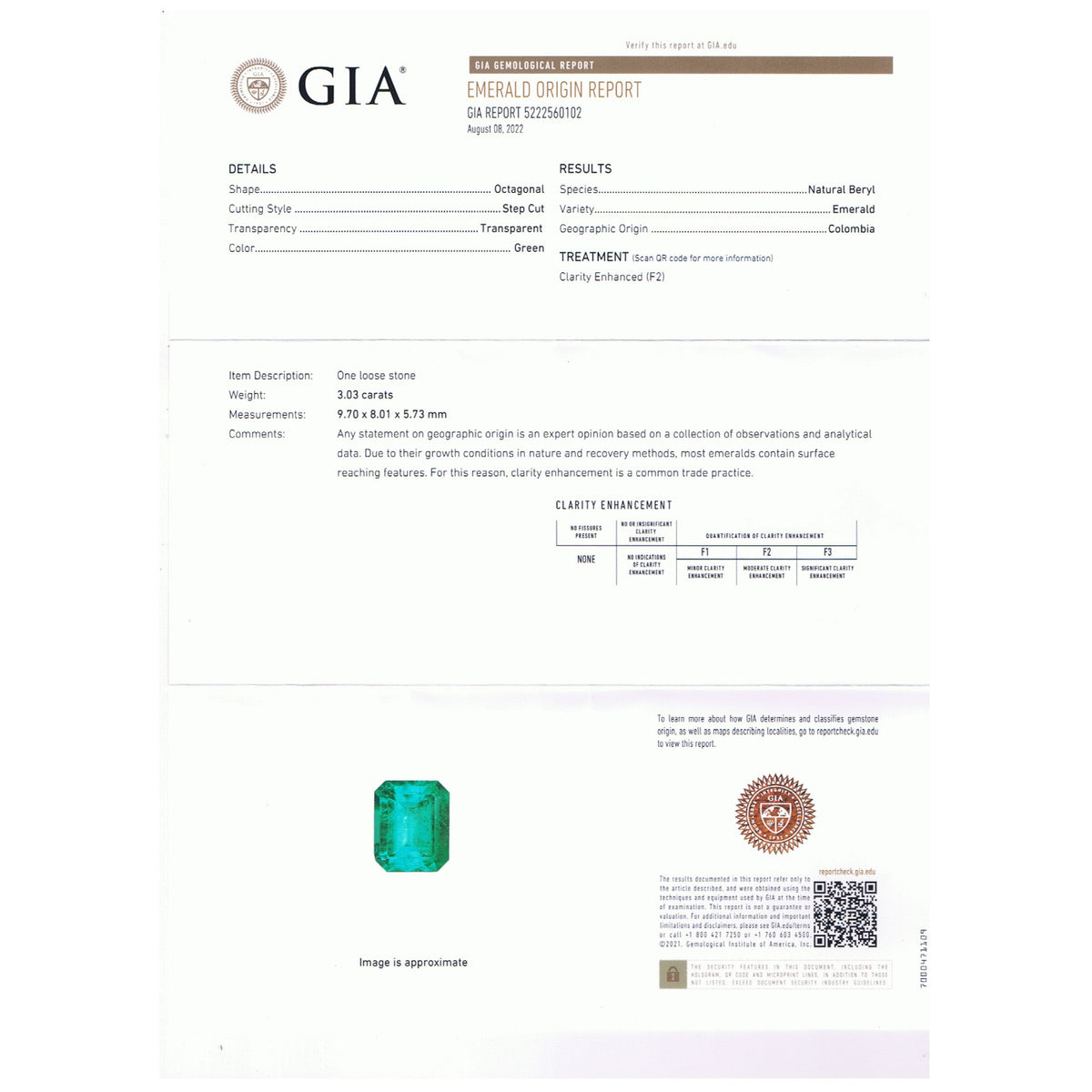 A GIA gemstone certification report page for an emerald-cut  colombian emerald, with text details, a small inset photo of the blue-green stone, and a QR code.