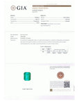 A GIA gemstone certification report page for an emerald-cut  colombian emerald, with text details, a small inset photo of the blue-green stone, and a QR code.