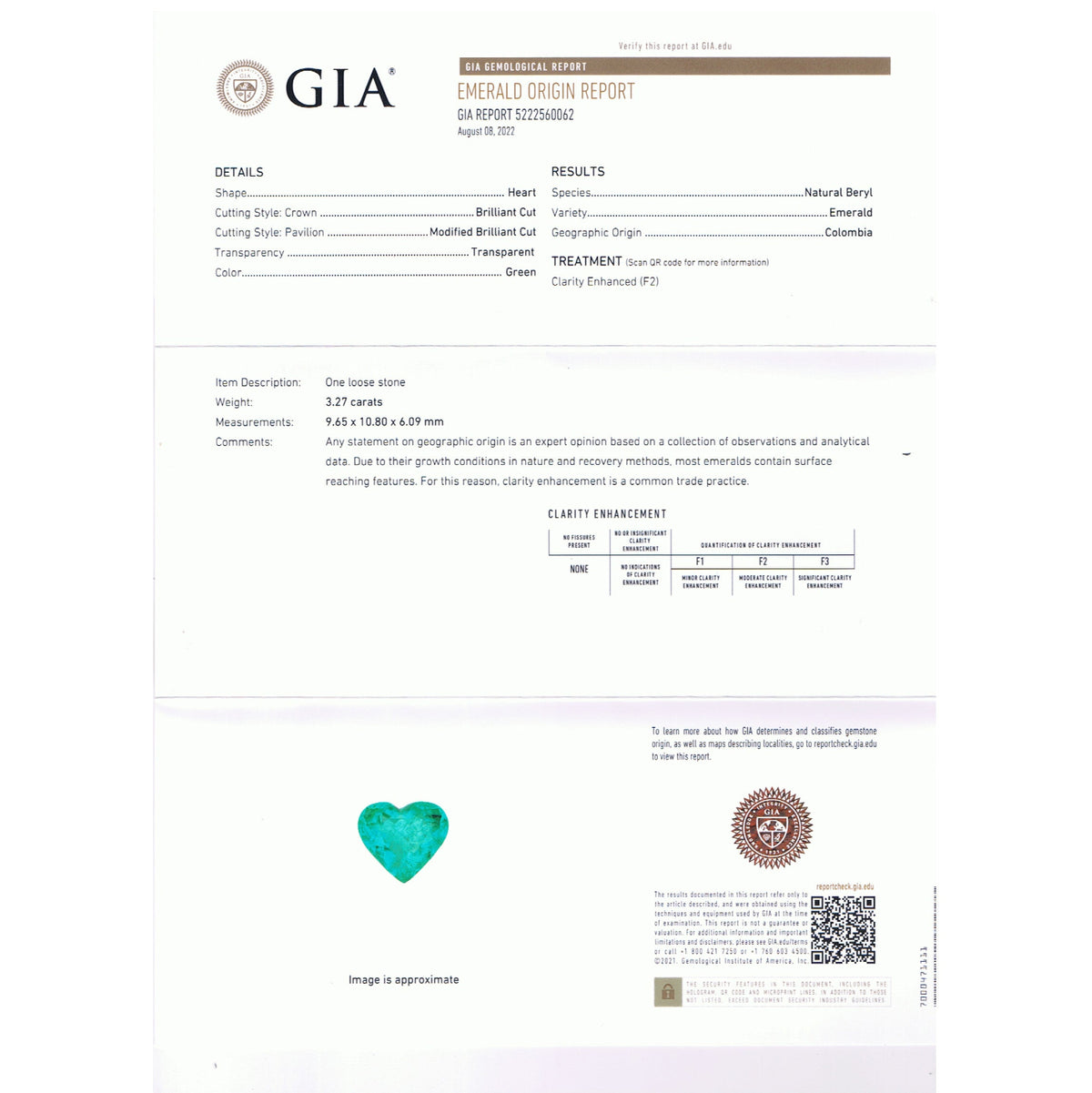 GIA report natural colombian emerald heart shaped 3.27 ct.