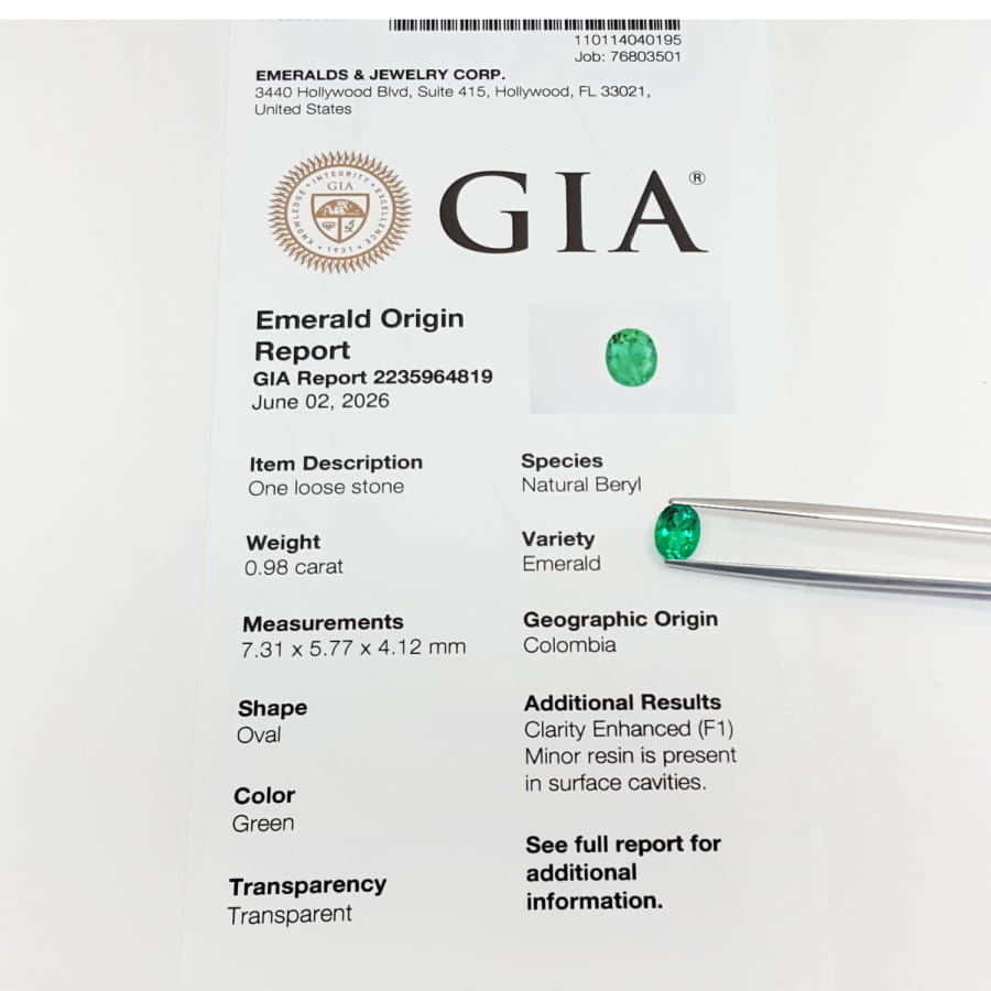 Gia origin report of a natural colombian emerald oval cut.