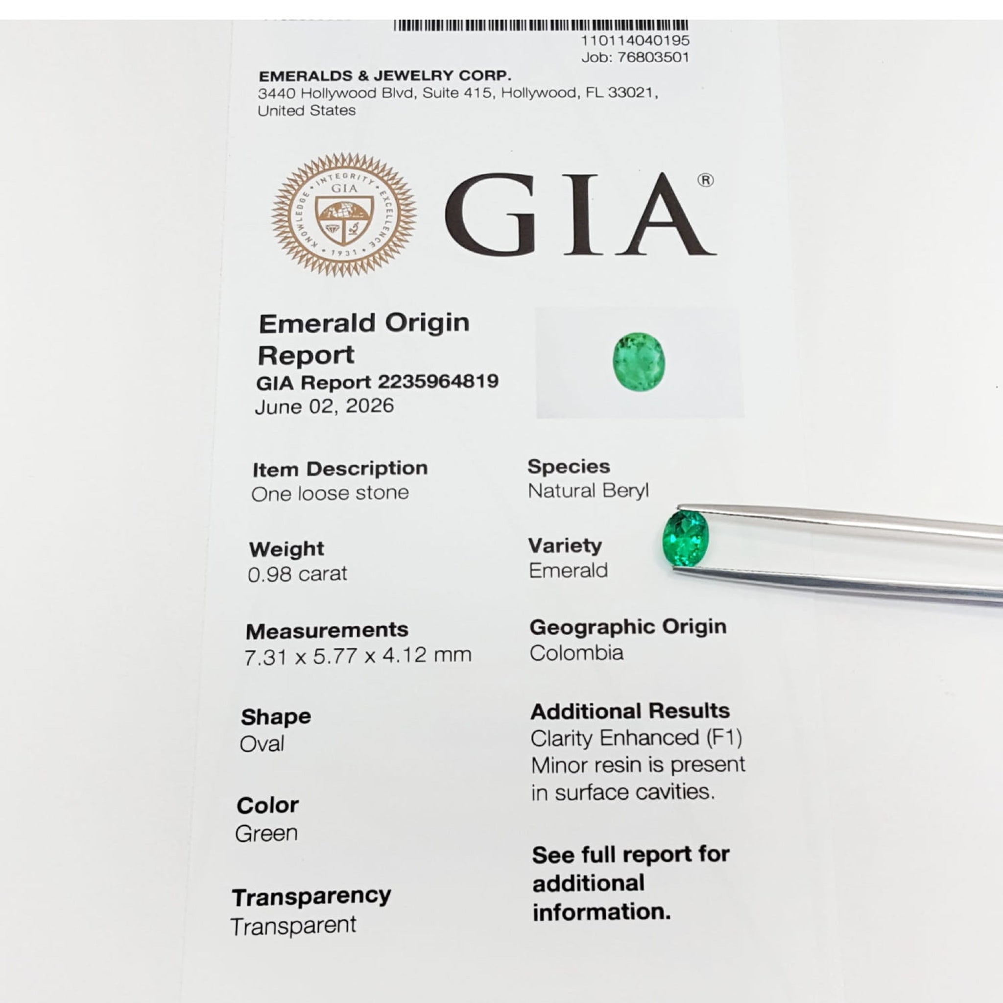 GIA Certified F1 0.98 ct. Oval Muzo Colombian Emerald