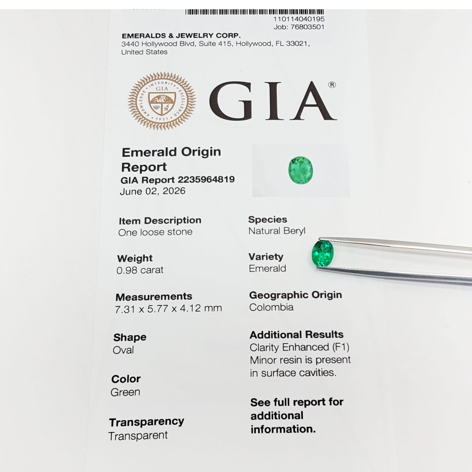 Gia origin report of a natural colombian emerald oval cut.