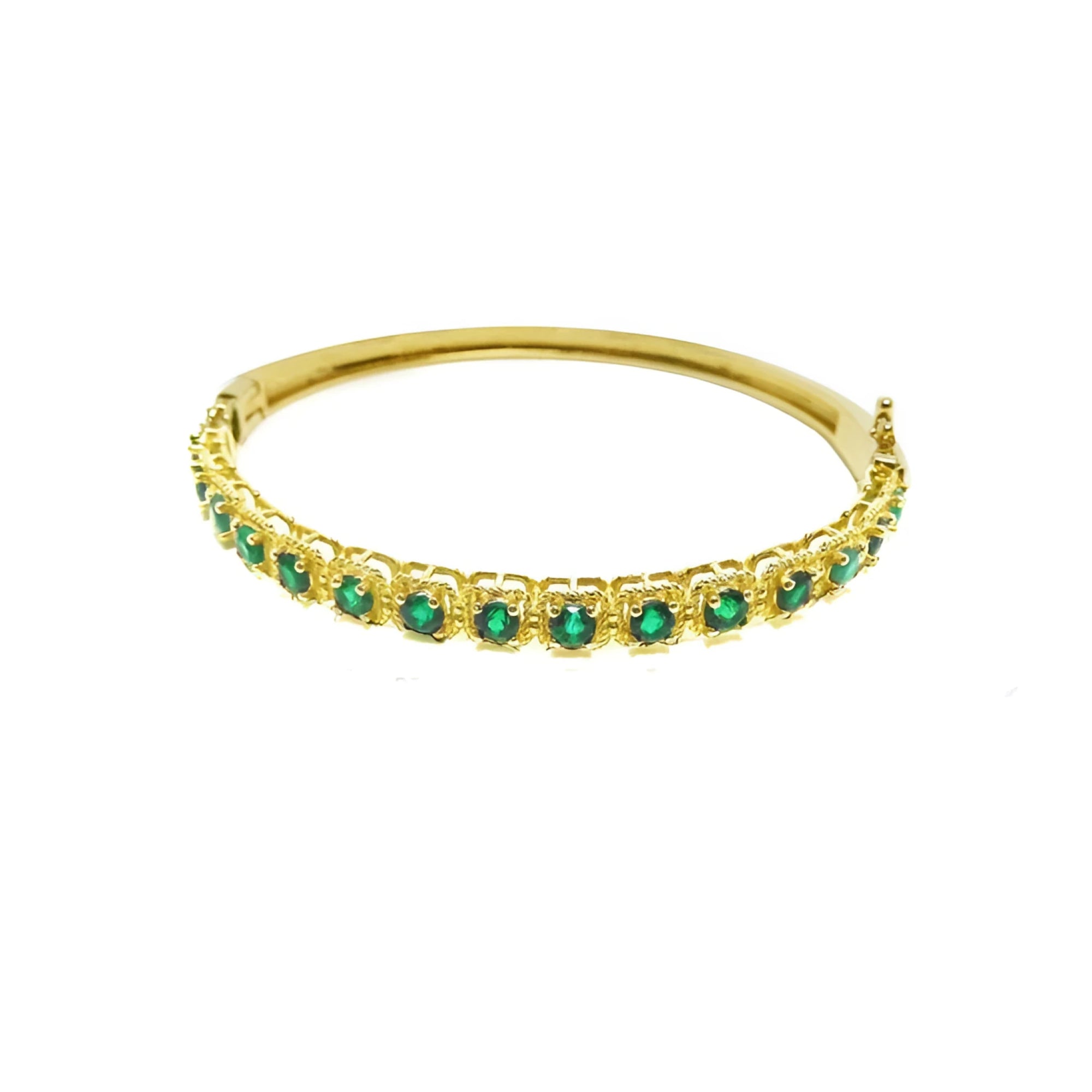 14K yellow gold bangle bracelet with round brilliant cut bluish-green emeralds in square links.