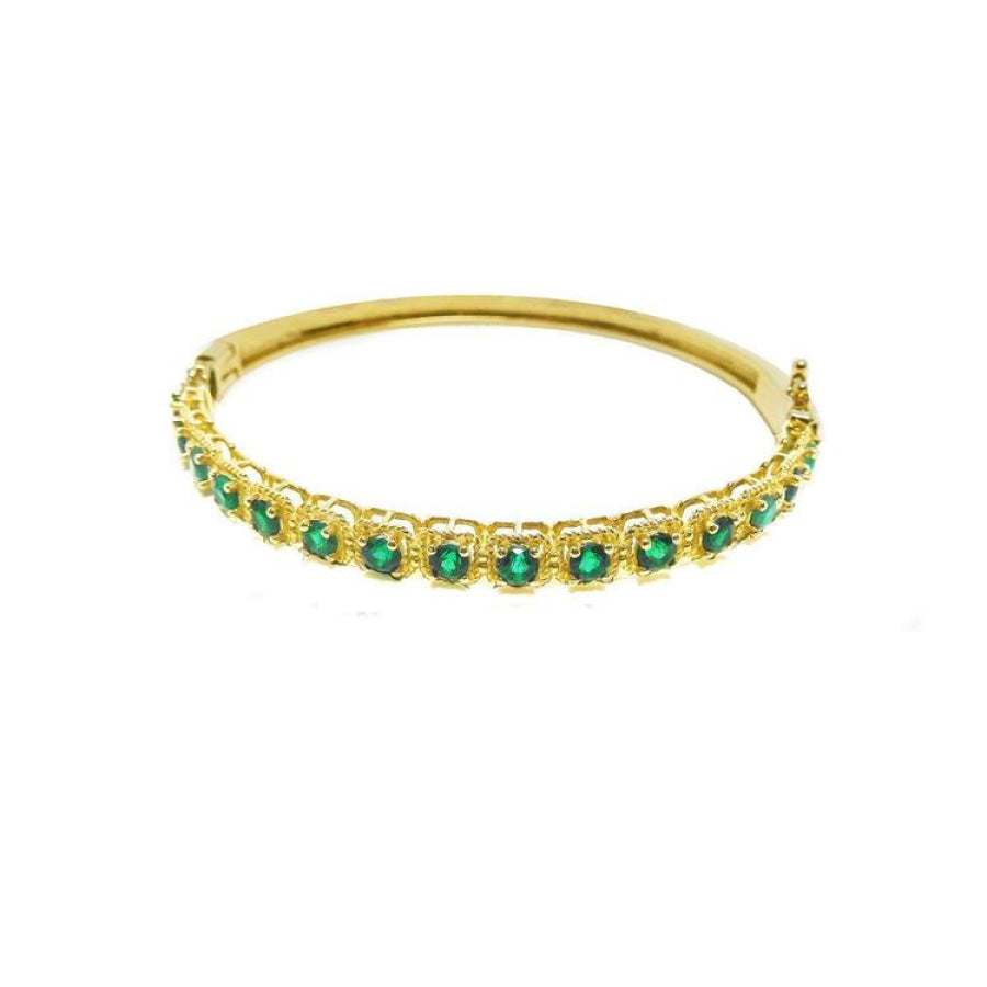 14K yellow gold bangle bracelet with round brilliant cut bluish-green emeralds in square links.