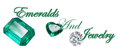 Logo for 'Emeralds And Jewelry' featuring emeralds and a diamond on a white background.