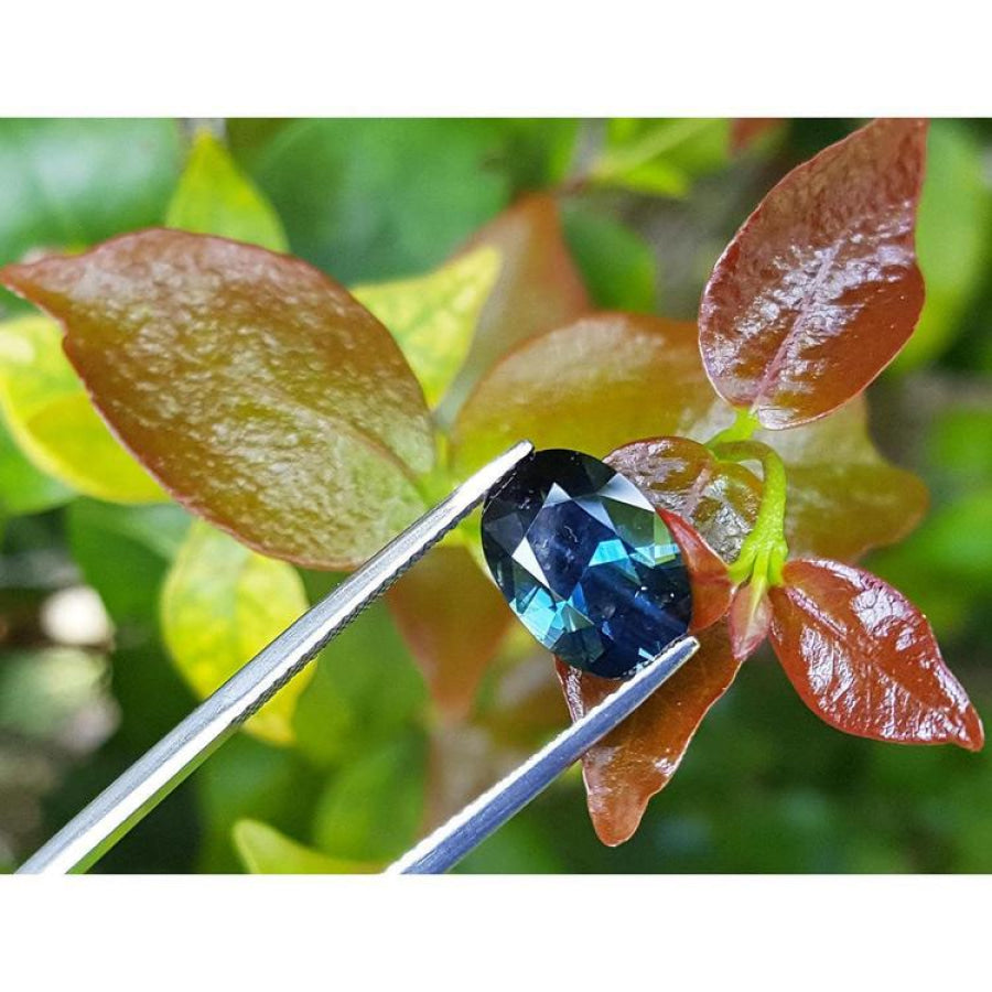 3.04 ct natural Australian deep blue greenish oval cut loose sapphire held by tweezers.
