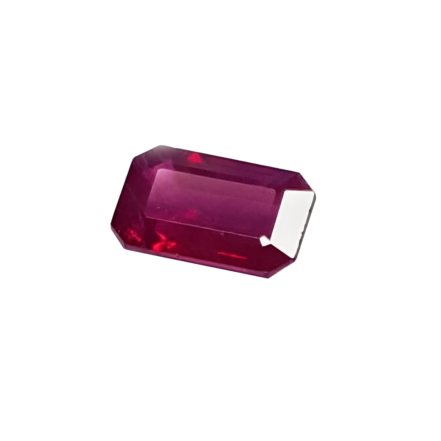 1.08 carat natural Burma ruby, emerald cut, deep rich red, sparkling and crystalline.