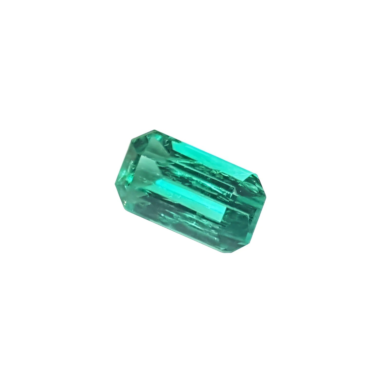 Emerald gemstone, rectangular cut, vibrant green, isolated on white.