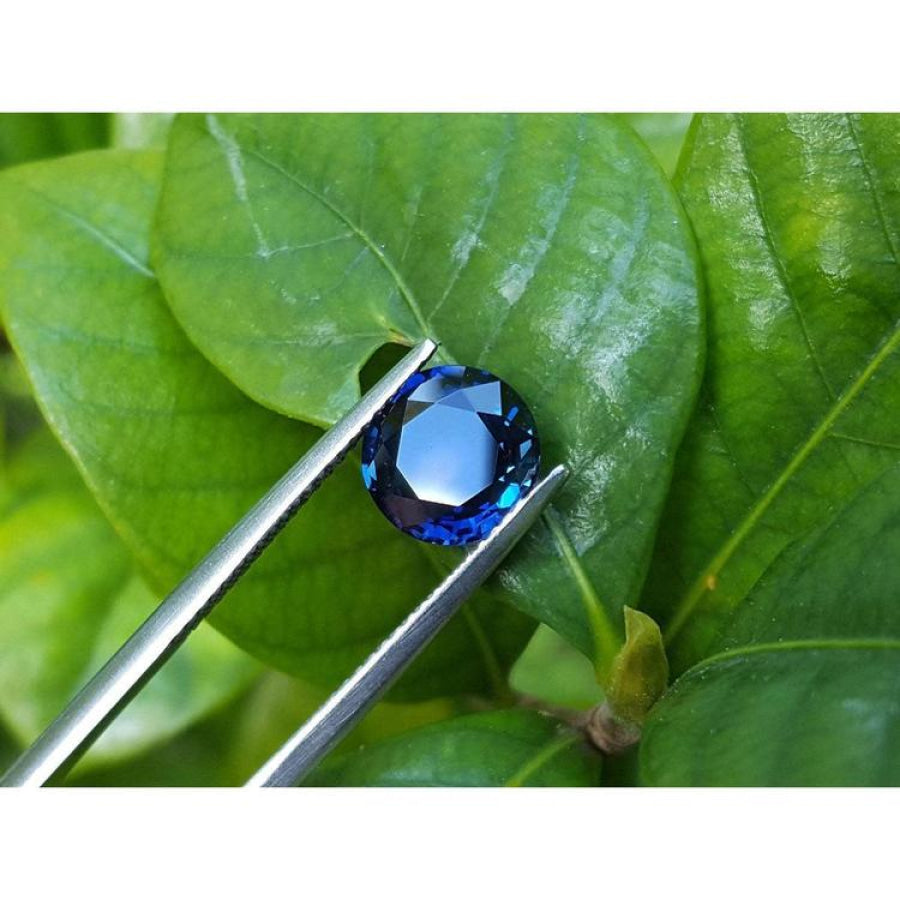 2.39 ct. loose round cut natural deep blue sapphire from Sri Lanka, held by tweezers over green leaves.
