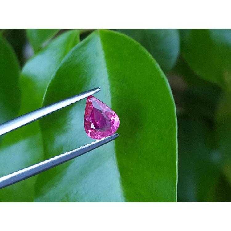 1.09 carat loose natural Burmese ruby, pear shape, sparkling medium red, held by tweezers over green leaves.