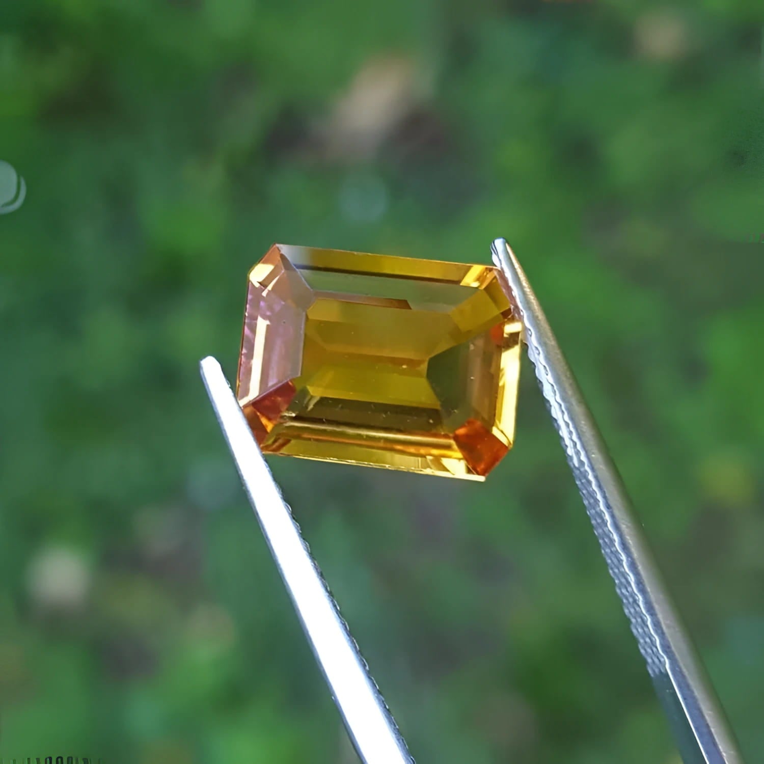 4.05 ct. intense yellow emerald-cut natural sapphire gemstone held by tweezers.